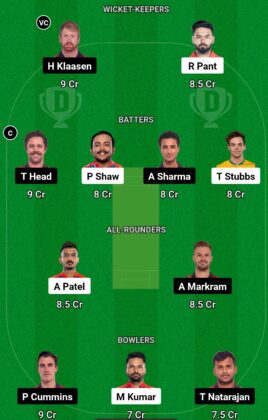 DC vs SRH Dream11 Prediction Grand League Team